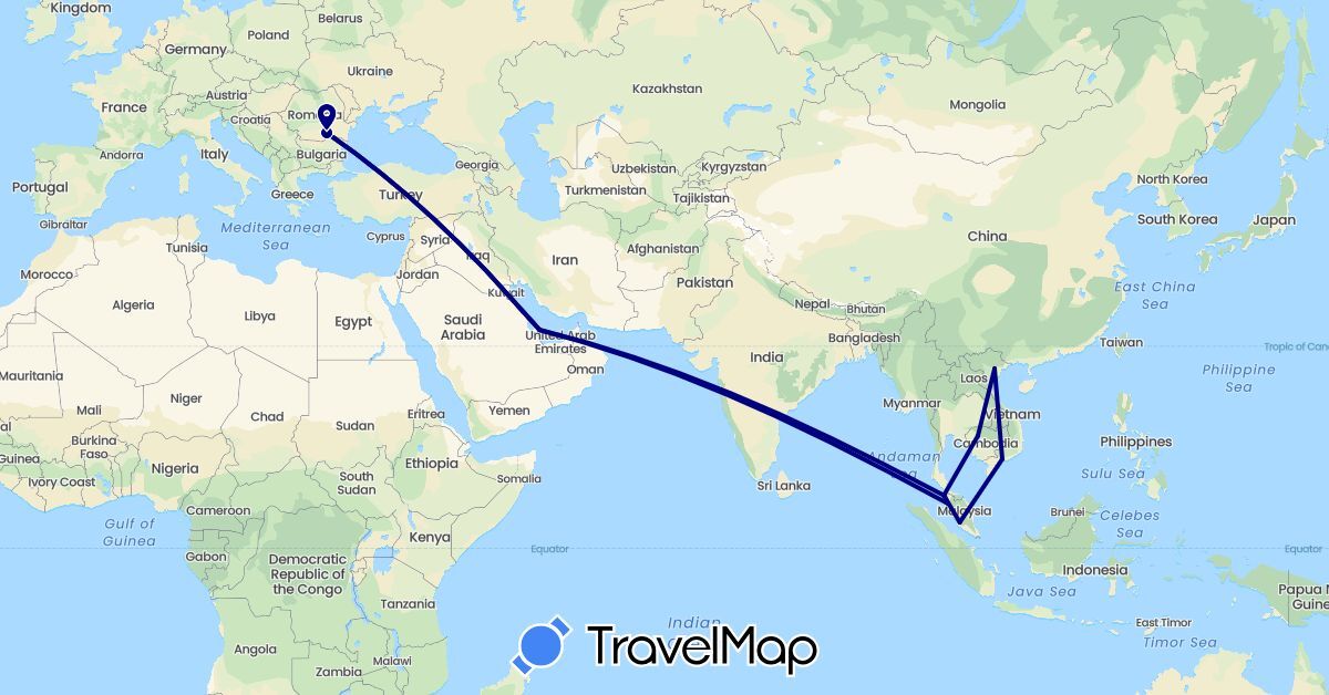TravelMap itinerary: driving in Cambodia, Malaysia, Qatar, Romania, Vietnam (Asia, Europe)